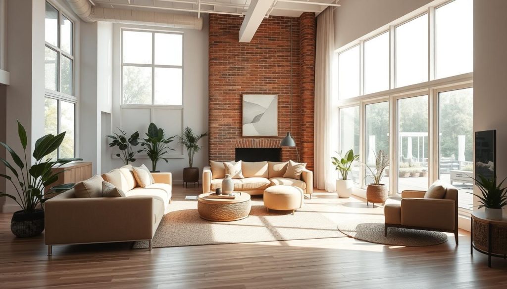A spacious, airy interior showcasing the latest 2025 interior design trends. Soft, natural light filters through large windows, illuminating a minimalist living space with clean lines and a muted color palette. Sleek, modular furniture in earthy tones complement the warm wooden floors and exposed brick accents. Subtle textural elements, such as woven rugs and potted plants, add depth and visual interest. The overall atmosphere conveys a sense of calm, modern sophistication, hinting at the bold, innovative directions the world of interior design is set to take in the coming year.