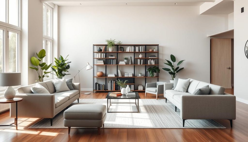 A spacious and airy living room with an abundance of natural light streaming in through large windows. In the foreground, a carefully curated selection of modern and minimalist furniture pieces - a sleek sofa, a pair of armchairs, and a low-profile coffee table. The mid-ground features a stylish bookshelf, meticulously arranged with a mix of books, potted plants, and decorative accents. The background showcases a neutral-toned wall, creating a calming and harmonious atmosphere. The overall scene conveys a sense of balance, functionality, and an intentional approach to furnishing a small living space.