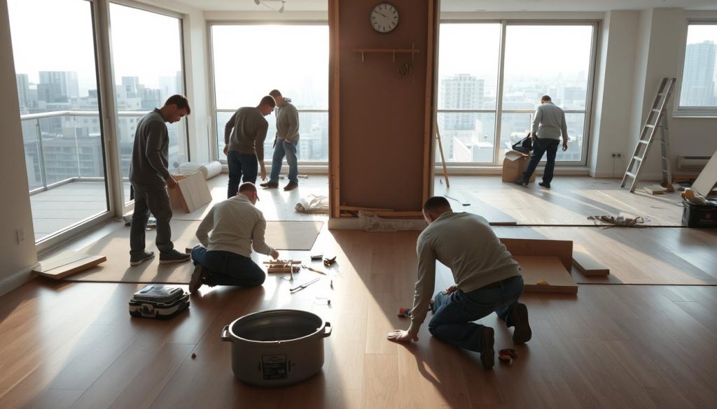 A spacious apartment interior with a focus on the ongoing renovation process. In the foreground, a team of skilled workers are meticulously installing new flooring, their tools and materials neatly organized. The middle ground showcases a partially stripped wall, revealing the underlying structure, hinting at the scale of the project. Natural light streams in through large windows, casting a warm, inviting glow throughout the space. In the background, a glimpse of the outside world, suggesting the apartment's prime location and the potential value of this rental property once the renovations are complete. The overall atmosphere conveys a sense of productivity, professionalism, and the excitement of transforming a space for a new tenant.