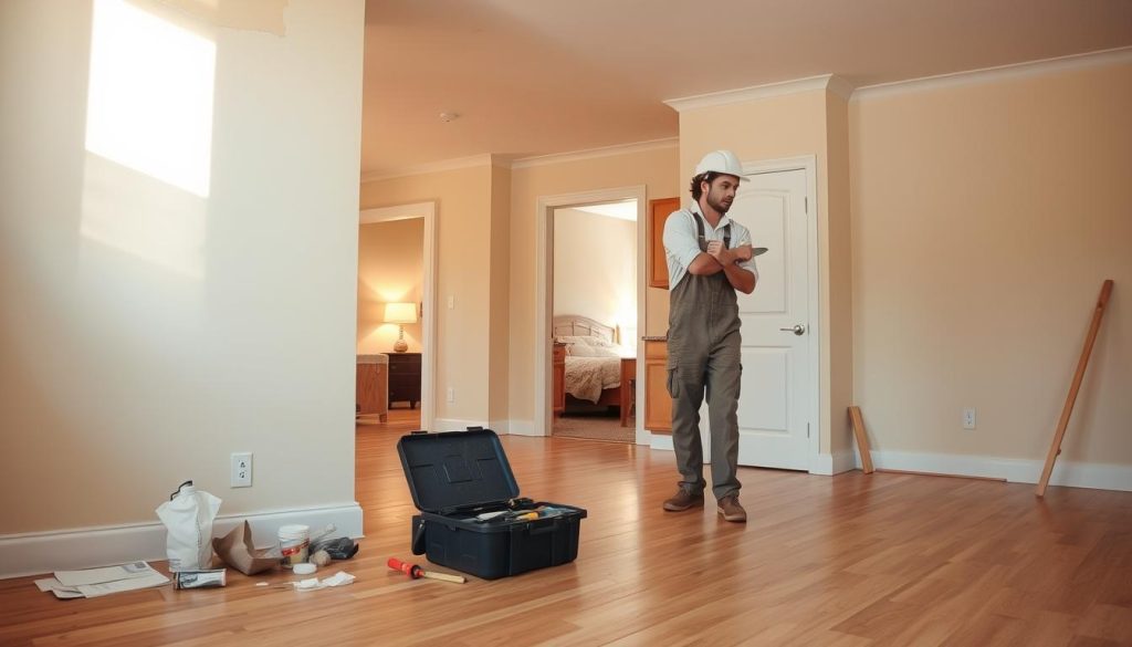 A spacious, well-lit apartment interior with hardwood floors and neutral-toned walls. In the foreground, a construction worker in a hard hat and overalls is repairing a section of the wall, applying spackling compound and smoothing it with a putty knife. Nearby, a toolbox and various renovation supplies are neatly organized. In the middle ground, a partially disassembled kitchen counter is visible, indicating ongoing kitchen remodeling. Through an open doorway, a bedroom can be seen, hinting at the comprehensive nature of the renovation project. The lighting is warm and natural, creating a welcoming atmosphere, while the overall scene conveys a sense of controlled progress and orderliness within the remodeling process.