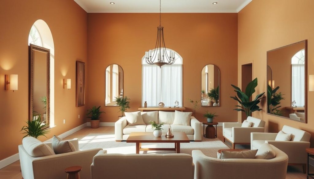 A spacious, well-lit living room with a soft, inviting atmosphere. The walls are painted in a warm, earthy tone that creates a sense of depth and expansiveness. Strategically placed mirrors on the walls reflect light, optically enlarging the space. Minimalist, light-colored furniture, including a plush sofa and armchairs, are arranged to maximize the flow of the room. Indirect lighting from wall sconces and a central chandelier casts a gentle glow, enhancing the illusion of a larger, more open area. Potted plants and natural textures, such as wooden accents, further contribute to the serene, harmonious ambiance.