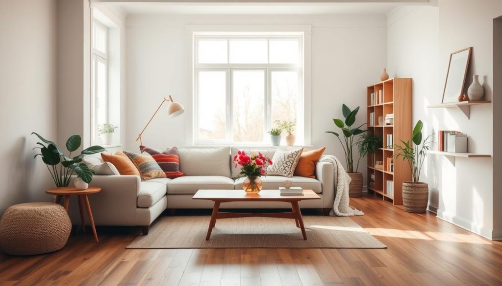 A sun-drenched, airy Scandinavian-inspired living room. Wooden floors and white walls provide a clean, minimalist backdrop. In the foreground, a plush, neutral-toned sofa is accented with colorful woven throw pillows. A mid-century modern coffee table is adorned with a vase of fresh flowers. On the far wall, a large window floods the space with natural light, casting a warm glow over a wooden bookshelf filled with books and decorative objects. Potted plants and a cozy knit blanket add softness and natural texture. The overall mood is one of calm, comfort, and understated elegance. A sun-drenched, airy Scandinavian-inspired living room. Wooden floors and white walls provide a clean, minimalist backdrop. In the foreground, a plush, neutral-toned sofa is accented with colorful woven throw pillows. A mid-century modern coffee table is adorned with a vase of fresh flowers. On the far wall, a large window floods the space with natural light, casting a warm glow over a wooden bookshelf filled with books and decorative objects. Potted plants and a cozy knit blanket add softness and natural texture. The overall mood is one of calm, comfort, and understated elegance.