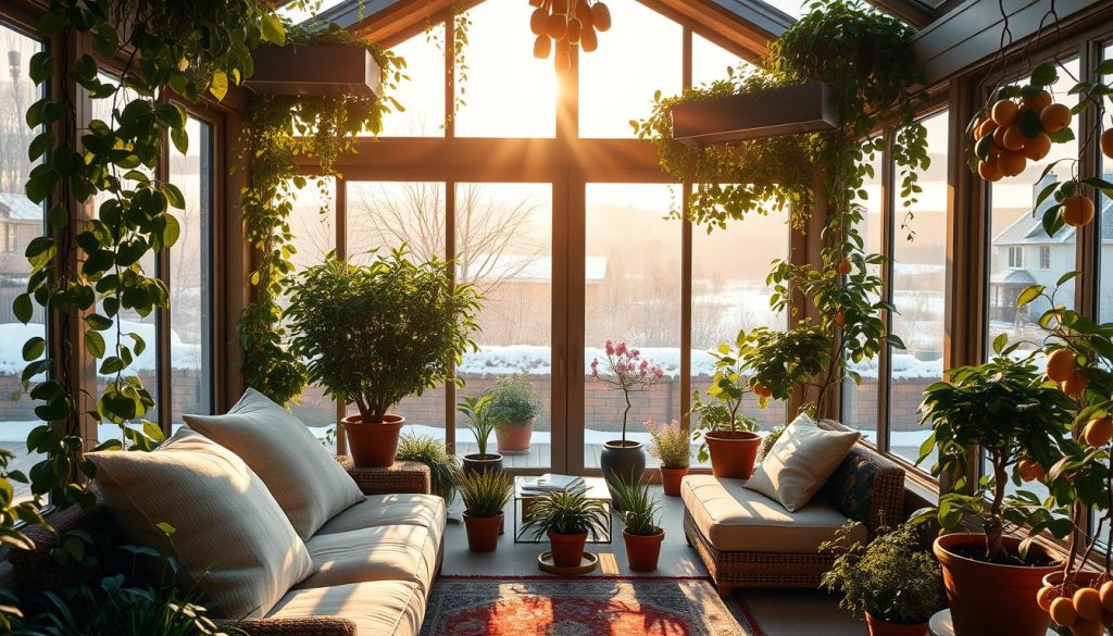 A sun-drenched winter garden, bathed in warm, golden light filtering through large, panoramic windows. In the foreground, a cozy seating area with plush cushions and a decorative rug, inviting one to relax and enjoy the peaceful, lush greenery. Cascading vines and trailing plants adorn the walls, creating a serene, natural ambiance. In the middle ground, a variety of thriving houseplants and small citrus trees bearing fruit, symbolizing the bounty and year-round productivity of this indoor oasis. The background reveals a picturesque landscape outside, perhaps a snow-covered garden or a scenic vista, seamlessly blending the indoor and outdoor spaces. An atmosphere of tranquility, comfort, and the joy of gardening permeates the scene.