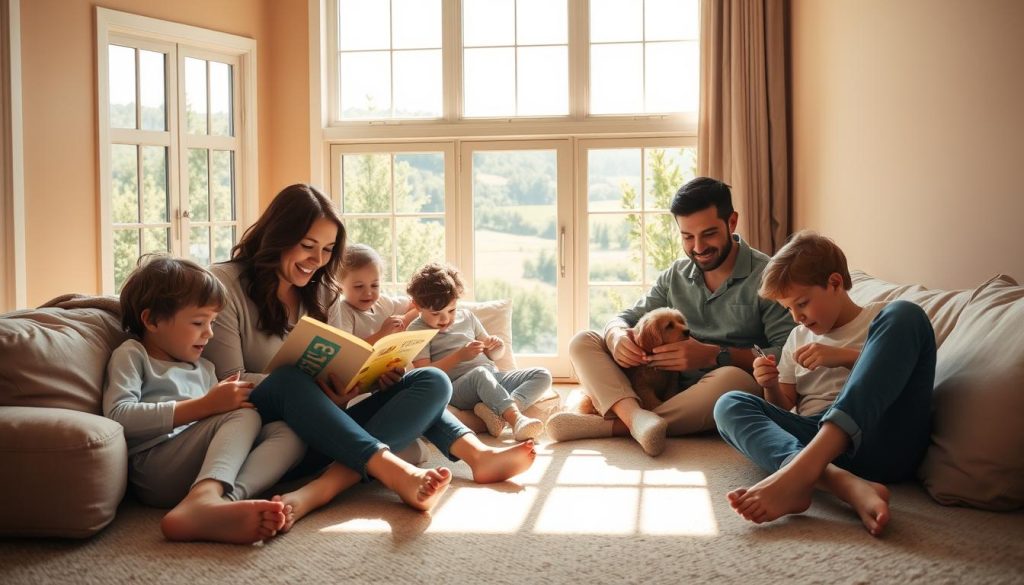 A sunlit, airy living room with soft, warm-toned walls. In the foreground, a family relaxes together, their faces radiating joy and contentment as they engage in various activities - a mother reading to her children, a father playing with a pet, siblings drawing or crafting. Through large windows, the natural beauty of the outdoors is visible, with lush greenery and a serene landscape. The lighting is gentle, casting a cozy, inviting ambiance throughout the space. The overall scene evokes a sense of comfort, harmony, and the fulfillment that comes from transforming a house into a cherished home through the simple act of painting the walls.