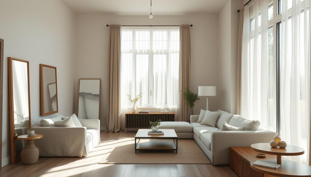 A sunlit interior with natural illumination cascading through large windows, casting soft, diffused light across the open floor plan. Clean, minimalist furnishings and muted color tones create a serene, airy ambiance. Carefully placed mirrors strategically reflect the incoming daylight, visually expanding the perceived space. Subtle textures, such as linen curtains and wooden accents, add visual interest while maintaining a tranquil, harmonious atmosphere. The overall scene exudes a sense of calm, brightness, and spaciousness, highlighting the importance of natural light in enhancing the perceived size and comfort of the living environment.