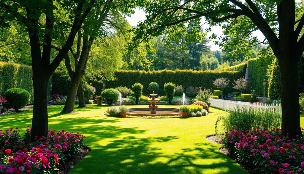 A tranquil garden scene, showcasing the essence of a well-designed outdoor space. In the foreground, a lush, manicured lawn invites leisurely strolls, while vibrant flower beds bursting with color line the path. Towering trees provide a canopy of dappled sunlight, casting gentle shadows across the scene. In the middle ground, a serene water feature, perhaps a small pond or fountain, reflects the surrounding greenery, creating a calming ambiance. Beyond, the background features a harmonious blend of shrubs, hedges, and ornamental plants, framing the composition and suggesting a sense of depth and seclusion. The overall atmosphere is one of serenity, inviting the viewer to envision the joys of cultivating a personal oasis in the comfort of one's own backyard. A tranquil garden scene, showcasing the essence of a well-designed outdoor space. In the foreground, a lush, manicured lawn invites leisurely strolls, while vibrant flower beds bursting with color line the path. Towering trees provide a canopy of dappled sunlight, casting gentle shadows across the scene. In the middle ground, a serene water feature, perhaps a small pond or fountain, reflects the surrounding greenery, creating a calming ambiance. Beyond, the background features a harmonious blend of shrubs, hedges, and ornamental plants, framing the composition and suggesting a sense of depth and seclusion. The overall atmosphere is one of serenity, inviting the viewer to envision the joys of cultivating a personal oasis in the comfort of one's own backyard.