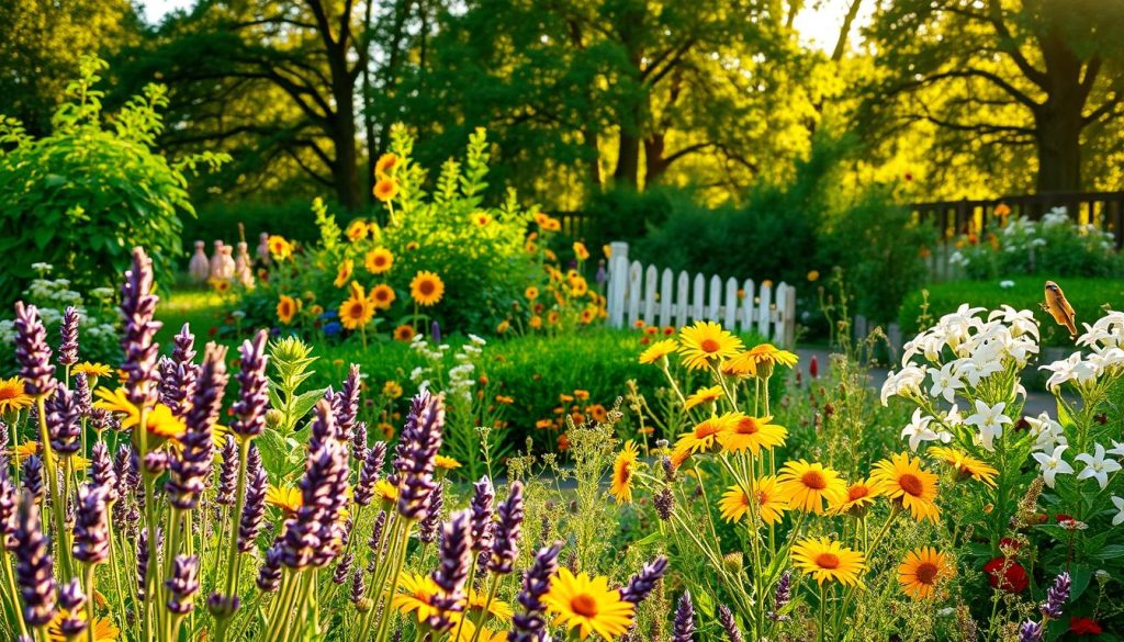 A vibrant and lush garden brimming with nectar-rich plants, bathed in warm, golden afternoon light. In the foreground, a diverse array of flowering blooms - delicate purple lavender, bright yellow sunflowers, and fragrant white jasmine. The middle ground showcases a mix of native wildflowers and shrubs, creating a welcoming habitat for pollinators. In the background, a verdant canopy of trees casts soft, dappled shadows, lending an enchanting, serene atmosphere. The composition emphasizes the harmonious coexistence of flora and fauna, inviting the viewer to immerse themselves in this pollinator-friendly oasis.