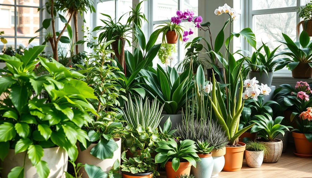 A vibrant and lush indoor garden showcasing a diverse array of potted houseplants. In the foreground, an elegant assortment of leafy green plants, such as ferns, philodendrons, and snake plants, cascading gracefully from their ceramic containers. The middle ground features a variety of succulents and cacti, their unique and sculptural forms creating visual interest. In the background, a selection of flowering plants, like orchids and African violets, add pops of color and texture. The scene is illuminated by soft, natural lighting filtering through large windows, casting a warm and inviting ambiance. The overall composition highlights the beauty, diversity, and versatility of indoor houseplants as design elements within a cozy, modern interior.
