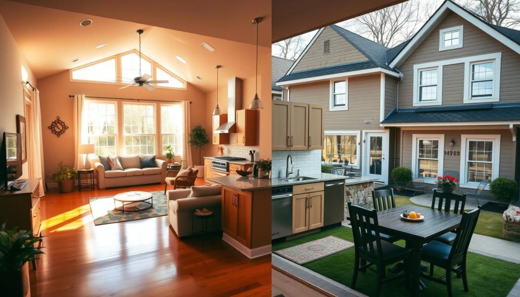 A vibrant and well-lit interior space, showcasing the meaningful impact of a home renovation. In the foreground, a transformed living room filled with warm, natural light streaming through large windows, highlighting newly refinished hardwood floors and a cozy seating arrangement. In the middle ground, a kitchen with gleaming new countertops, cabinets, and state-of-the-art appliances, symbolizing the functional improvements. The background reveals a previously drab exterior, now rejuvenated with a fresh coat of paint, new windows, and a manicured landscape, representing the holistic transformation. The overall scene conveys a sense of comfort, productivity, and pride, exemplifying the profound significance of a thoughtful home remodel.