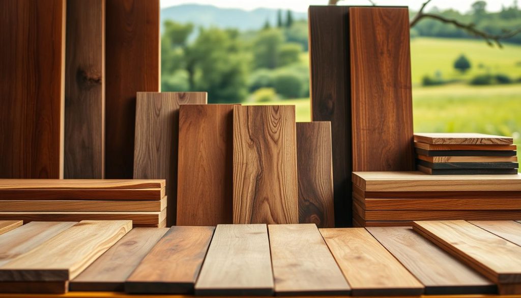 A vibrant collection of various wood types displayed in a well-lit, natural setting. The foreground showcases an assortment of wood samples, each with distinct grains, textures, and hues, ranging from the warm tones of oak to the rich, dark shades of walnut. In the middle ground, wooden planks and panels are arranged to highlight the versatility and beauty of these natural materials. The background features a softly blurred, verdant landscape, conveying a sense of the wood's organic origins. The lighting is soft and diffused, creating a calming, inviting atmosphere that emphasizes the tactile, artisanal qualities of the wood. This image aims to celebrate the unique characteristics and potential of wood as a premium material for furniture production.