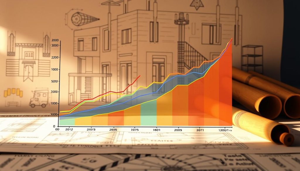 A vibrant line chart depicting the projected costs of construction materials in 2025, set against a backdrop of architectural sketches and blueprints. The chart's lines, color-coded to represent different material categories, rise and fall dynamically, conveying the anticipated fluctuations in prices. The scene is illuminated by warm, directional lighting, casting subtle shadows and highlighting the intricate details of the architectural elements. The overall atmosphere exudes a sense of informed optimism, inviting the viewer to explore the future trends shaping the construction industry.