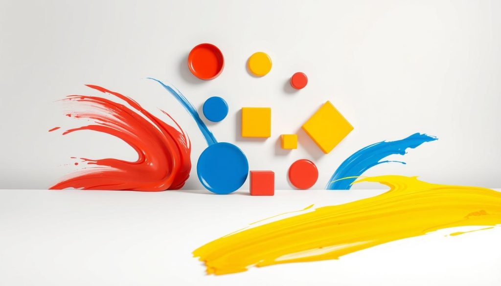 A vibrant still life showcasing the core primary and secondary colors. In the foreground, bold brushstrokes of red, blue, and yellow paint swirl across a crisp white canvas, radiating warmth and energy. In the middle ground, a selection of simple geometric shapes - circles, squares, and triangles - in these same vivid hues float weightlessly, creating a sense of playful harmony. The background fades to a neutral gray, allowing the colors to take center stage and command attention. Soft, diffused lighting casts gentle shadows, adding depth and dimension to the composition. This striking visual representation captures the essence of the fundamental palette, inspiring imagination and evoking the mood of a cheerful, creative space.