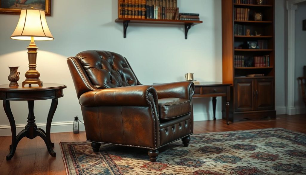 A vintage-inspired living room scene with a worn leather armchair, a wooden side table with a brass lamp, and a patterned area rug. Soft, warm lighting illuminates the space, casting a cozy, nostalgic glow. In the background, a wall-mounted bookshelf displays antique books and decorative items. The overall composition evokes a sense of timeless elegance and a connection to the past, capturing the essence of the "vintage" design aesthetic.