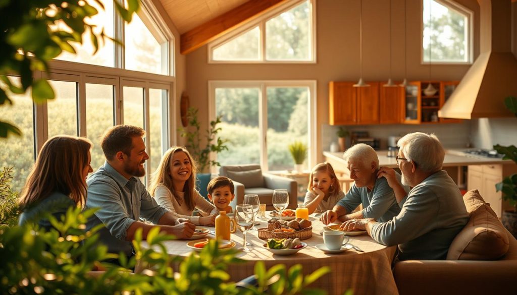 A warm, cozy family home nestled in a lush, verdant landscape. In the foreground, a group of family members - parents, children, grandparents - gathered around a table, sharing a meal and engaging in lively conversation. Soft, natural lighting filters through large windows, casting a golden glow over the scene. In the middle ground, a living room with plush, comfortable furniture invites relaxation and quality time together. The background features a well-equipped kitchen, where the aroma of a home-cooked meal wafts through the air. An atmosphere of togetherness, contentment, and the fulfillment of family needs permeates the entire image. A warm, cozy family home nestled in a lush, verdant landscape. In the foreground, a group of family members - parents, children, grandparents - gathered around a table, sharing a meal and engaging in lively conversation. Soft, natural lighting filters through large windows, casting a golden glow over the scene. In the middle ground, a living room with plush, comfortable furniture invites relaxation and quality time together. The background features a well-equipped kitchen, where the aroma of a home-cooked meal wafts through the air. An atmosphere of togetherness, contentment, and the fulfillment of family needs permeates the entire image.