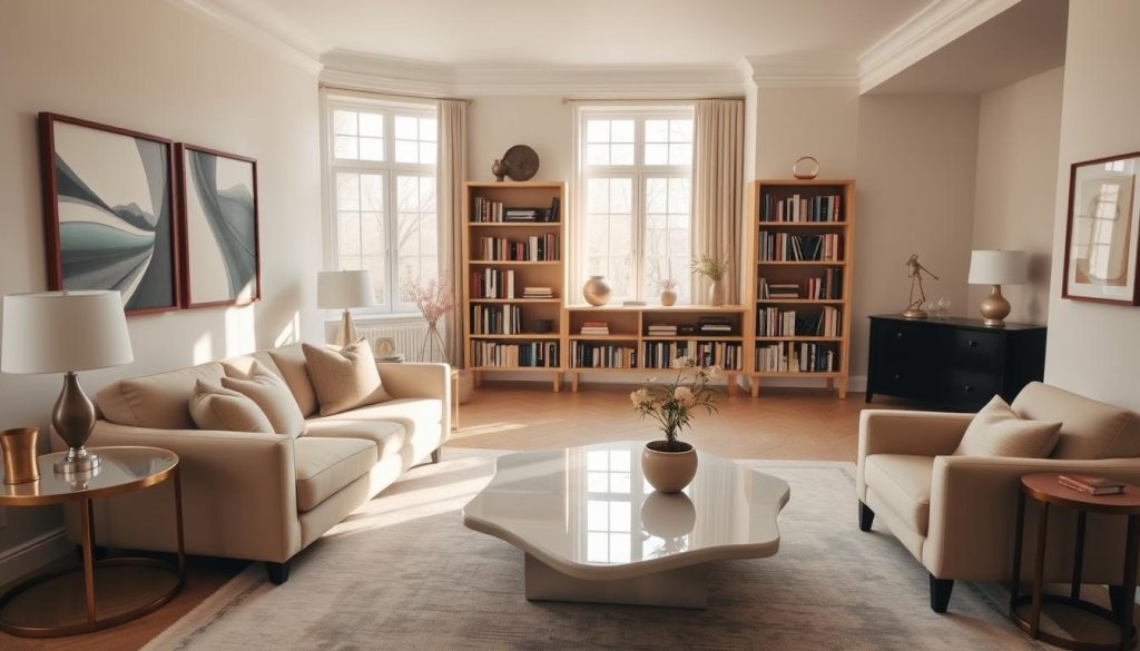 A warm, inviting interior with a prominently featured living room. Soft, natural lighting filters through large windows, casting a gentle glow on the carefully curated decor. At the center, a comfortable sofa and armchair in plush, neutral tones invite relaxation. Elegant side tables and a striking, minimalist coffee table complement the space. Tasteful wall art and decorative accents add visual interest, while a neatly organized bookshelf in the background suggests an atmosphere of thoughtfulness and calmness. The overall impression is one of sophistication, tranquility, and the rewards of a well-executed interior design upgrade.