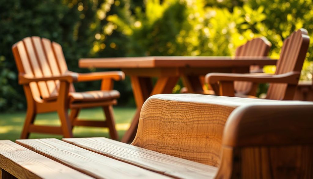 A well-crafted wooden garden furniture set, with intricate and natural-looking grains, cast in warm, inviting lighting. The foreground features a sturdy, hand-crafted wooden bench, its smooth surface and rounded edges suggesting exceptional craftsmanship. In the middle ground, a matching wooden table and chairs, their clean lines and organic forms creating a harmonious, rustic aesthetic. The background showcases a lush, verdant garden backdrop, with a touch of dappled sunlight filtering through the leaves, evoking a sense of tranquility and outdoor living. The overall composition conveys the timeless charm and enduring appeal of high-quality, wooden garden furniture.