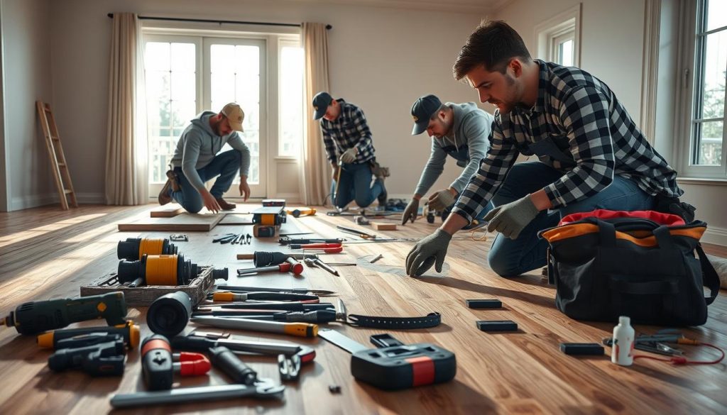 A well-equipped construction crew diligently renovates a cozy residential home. The foreground depicts skilled workers carefully installing new hardwood floors, their faces focused with determination. The middle ground showcases the team's comprehensive toolkit - power tools, hand implements, and protective gear, all neatly organized. In the background, sunlight streams through large windows, illuminating the room's elegant, minimalist design - a testament to the crew's attention to detail and craftsmanship. The overall scene conveys a sense of professionalism, efficiency, and the tangible value that investing in a capable renovation team can bring to a home improvement project.
