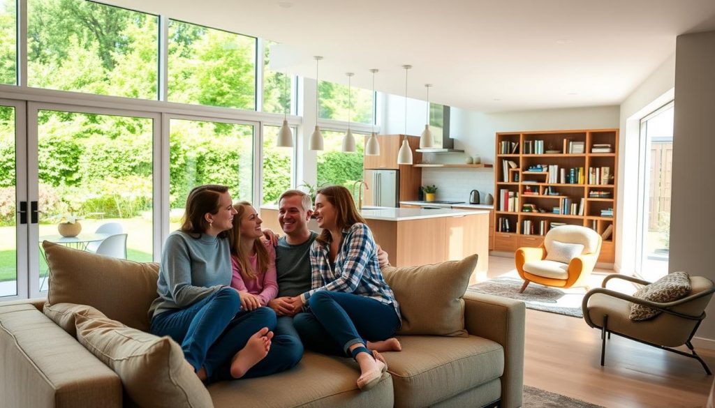 A well-lit, airy interior with large windows overlooking a lush, manicured garden. In the foreground, a family sits together on a plush, comfortable sofa, smiling and engaged in conversation. The middle ground features a modern, open-concept kitchen with gleaming appliances and ample counter space, reflecting the benefits of a comprehensive home renovation. In the background, a cozy reading nook with built-in bookshelves and a cozy armchair, showcasing the increased functionality and aesthetics of the newly remodeled space. The overall atmosphere is one of warmth, comfort, and a sense of renewed vitality, capturing the essence of the "Dlaczego warto przeprowadzić generalny remont?" section.