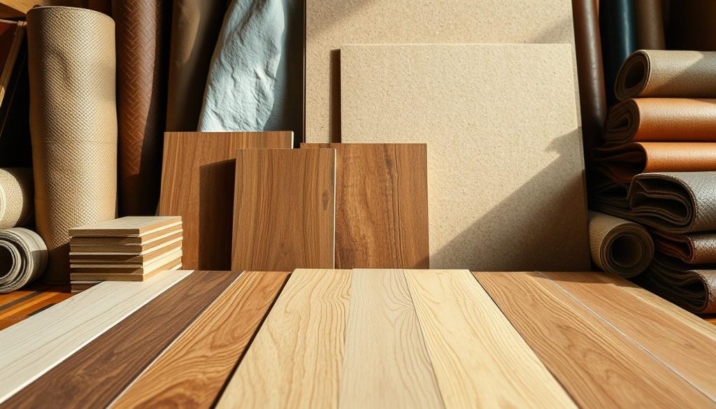 A well-lit, detailed still life showcasing an arrangement of various furniture making materials. In the foreground, a collection of wood samples in different grains and textures, including oak, pine, and maple. Behind them, slabs of medium-density fiberboard (MDF) and particleboard in varying thicknesses. In the background, rolls of fabric, leather, and upholstery materials create a sense of depth. The lighting is soft and natural, casting gentle shadows that highlight the unique properties of each material. The overall composition conveys a sense of the considered selection process involved in choosing the right materials for furniture construction.