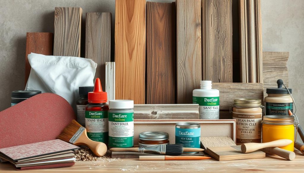 A well-lit, high-quality image showcasing an assortment of materials commonly used for furniture restoration. Prominently displayed in the foreground are various sandpapers, wood stains, paintbrushes, and varnishes. In the middle ground, a collection of distressed wooden planks, scraps, and molding in diverse shades of brown and gray. The background features a neutral, softly blurred backdrop, allowing the restoration materials to take center stage. The overall composition conveys a sense of craftsmanship, attention to detail, and the tools needed to breathe new life into old, worn furniture.