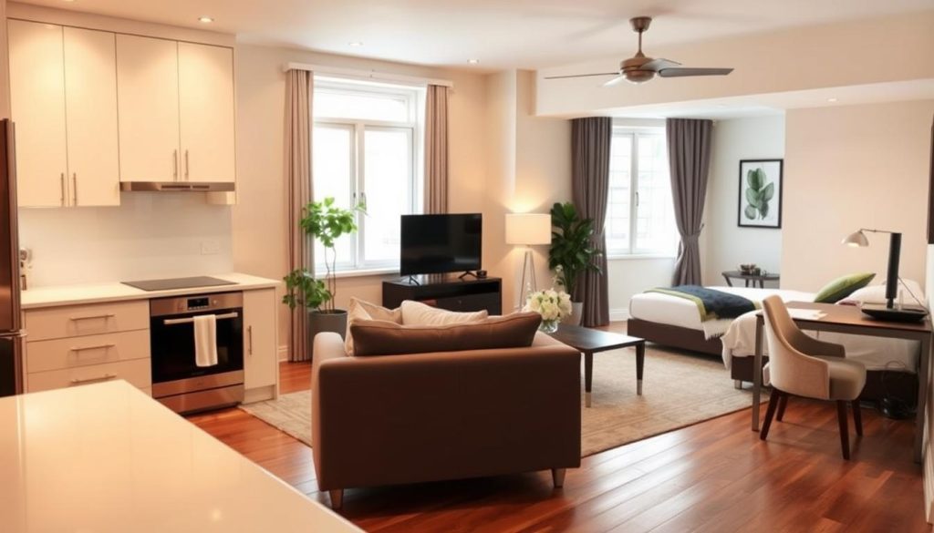 A well-lit, modern apartment interior with a warm, cozy atmosphere. In the foreground, a freshly renovated kitchen with sleek, minimalist cabinets and stainless steel appliances. The middle ground features a living room with plush, inviting furniture and a large window letting in soft, natural light. The background showcases a tastefully decorated bedroom with a comfortable bed and a modern, stylish desk setup, highlighting the functional and visually appealing aspects of a well-executed rental property renovation. The overall scene conveys a sense of balance, comfort, and the importance of strategic updates to maximize the appeal and value of a rental space.