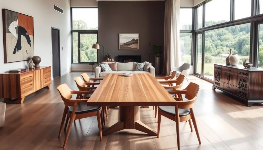 A well-lit, modern interior showcasing a collection of high-quality Polish furniture. In the foreground, a sleek, minimalist wooden dining table surrounded by stylish chairs with clean lines and natural finishes. On the walls, abstract artworks in muted tones complement the warm, earthy palette. The middle ground features a comfortable living area with a plush, upholstered sofa and an ornate, handcrafted coffee table. Through large windows, the background reveals a scenic view of a lush, verdant landscape, bathed in soft, diffused sunlight. The overall atmosphere exudes a sense of sophistication, craftsmanship, and national pride, inviting the viewer to appreciate the beauty and value of investing in Polish-made furniture.