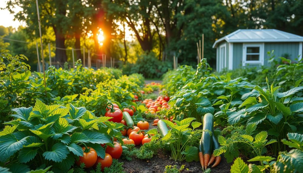 A well-tended vegetable garden, lush with verdant foliage and ripe produce. Sunlight filters through the canopy, casting a warm, inviting glow over the scene. In the foreground, rows of leafy greens and vibrant vegetables stand tall, their colors and textures contrasting beautifully. A mix of heirloom tomatoes, zucchini, and carrots occupy the middle ground, while in the background, a small shed or greenhouse provides a sense of structure and purpose. The overall atmosphere is one of tranquility and abundance, capturing the essence of a thriving, homegrown oasis.