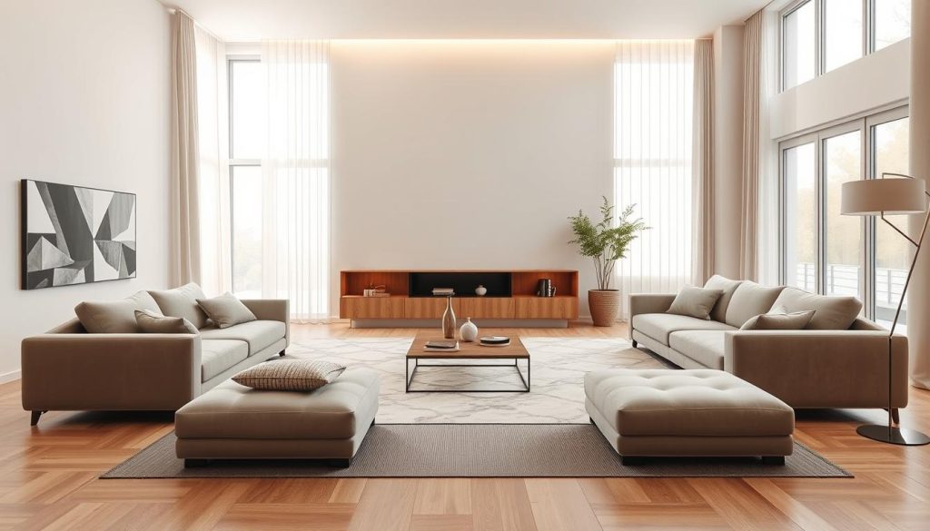 An airy, minimalist living room showcases a versatile modular furniture system. The sleek, modular pieces in muted tones create a harmonious, flexible arrangement. Soft, indirect lighting casts a warm glow, while large windows allow natural light to flood the space. Clean lines, neutral colors, and a sense of openness convey a modern, adaptable aesthetic. The modular design offers endless possibilities for customization, allowing the homeowner to effortlessly rearrange the layout to suit their evolving needs and preferences. This flexible, contemporary furniture solution seamlessly integrates into a variety of interior styles.