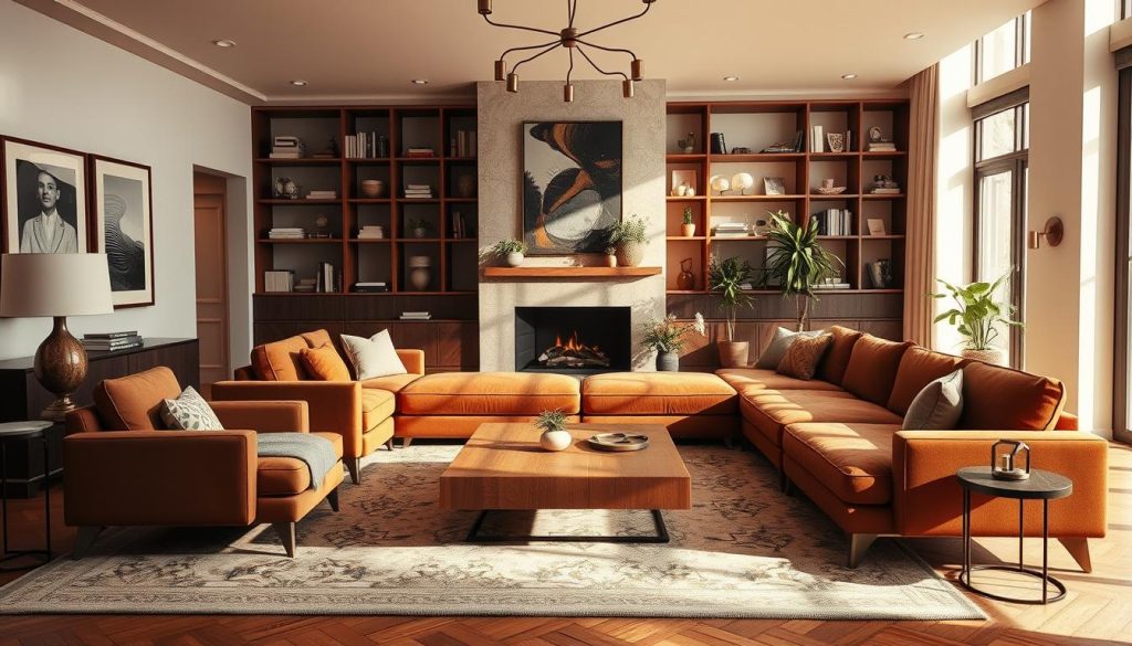An elegant living room with a harmonious blend of modern and traditional elements, bathed in warm, natural lighting. The centerpiece is a plush, L-shaped sofa upholstered in a rich, earthy tone, complemented by a pair of matching armchairs. A large, wooden coffee table with a minimalist design sits atop a stylish, patterned area rug. The walls showcase a mix of framed artwork and simple, yet striking shelving units filled with books and decorative objects. Potted plants and a cozy fireplace add to the inviting ambiance, creating a perfect balance of comfort and sophistication. An elegant living room with a harmonious blend of modern and traditional elements, bathed in warm, natural lighting. The centerpiece is a plush, L-shaped sofa upholstered in a rich, earthy tone, complemented by a pair of matching armchairs. A large, wooden coffee table with a minimalist design sits atop a stylish, patterned area rug. The walls showcase a mix of framed artwork and simple, yet striking shelving units filled with books and decorative objects. Potted plants and a cozy fireplace add to the inviting ambiance, creating a perfect balance of comfort and sophistication.
