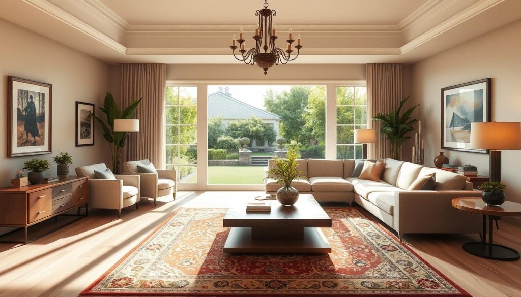 An elegantly furnished living room bathed in warm, natural light, showcasing a harmonious blend of modern and traditional elements. The focal point is a plush, L-shaped sofa in a neutral tone, complemented by a pair of cozy armchairs. A large, ornate area rug grounds the space, adding texture and visual interest. The room is adorned with tasteful decor, including a sleek, wooden coffee table, potted plants, and framed artwork on the walls. The large, picture window provides a picturesque view of a lush, verdant garden outside, creating a serene and inviting atmosphere. Soft, ambient lighting from floor lamps and a central chandelier casts a cozy glow, enhancing the overall sense of comfort and relaxation. An elegantly furnished living room bathed in warm, natural light, showcasing a harmonious blend of modern and traditional elements. The focal point is a plush, L-shaped sofa in a neutral tone, complemented by a pair of cozy armchairs. A large, ornate area rug grounds the space, adding texture and visual interest. The room is adorned with tasteful decor, including a sleek, wooden coffee table, potted plants, and framed artwork on the walls. The large, picture window provides a picturesque view of a lush, verdant garden outside, creating a serene and inviting atmosphere. Soft, ambient lighting from floor lamps and a central chandelier casts a cozy glow, enhancing the overall sense of comfort and relaxation.