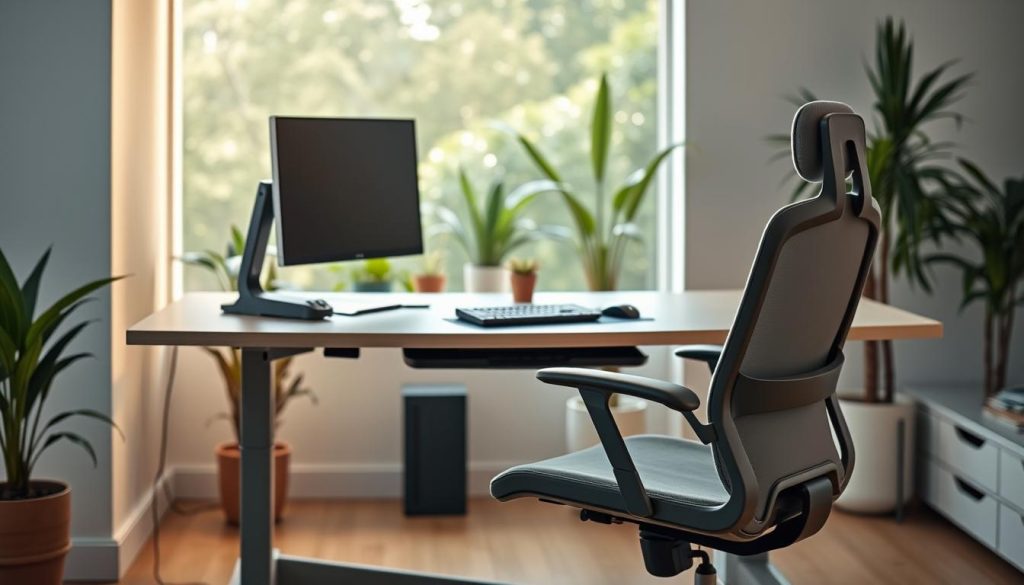 An ergonomic office setting with a modern, minimalist design. A sleek, height-adjustable desk with a comfortable, supportive office chair in the foreground. Soft, indirect lighting illuminates the space, creating a calm and productive atmosphere. The middle ground features various ergonomic accessories like a monitor stand, keyboard tray, and a wireless mouse, all integrated seamlessly. In the background, natural elements like potted plants and a large window create a sense of openness and well-being. The overall scene conveys the importance of ergonomics in fostering health, comfort, and efficiency in a remote work environment.