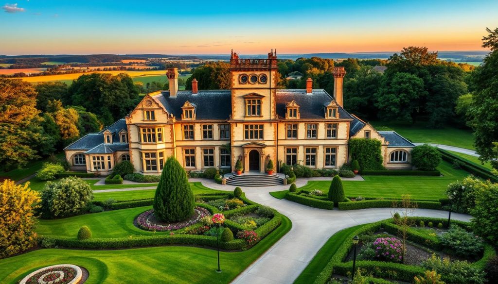 Architectural style: a stately manor house nestled in a lush, verdant landscape. The grand facade features intricate stonework and ornate windows, exuding an air of timeless elegance. In the foreground, a well-manicured garden with carefully curated flora and a winding path lead to the main entrance. The middle ground showcases the symmetrical wings and central tower, bathed in warm, golden light from the setting sun. The background fades into a picturesque countryside, with rolling hills and a distant horizon. The overall atmosphere is one of refined sophistication and harmonious integration with the natural environment. Architectural style: a stately manor house nestled in a lush, verdant landscape. The grand facade features intricate stonework and ornate windows, exuding an air of timeless elegance. In the foreground, a well-manicured garden with carefully curated flora and a winding path lead to the main entrance. The middle ground showcases the symmetrical wings and central tower, bathed in warm, golden light from the setting sun. The background fades into a picturesque countryside, with rolling hills and a distant horizon. The overall atmosphere is one of refined sophistication and harmonious integration with the natural environment.