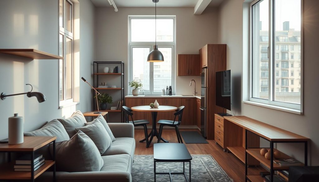 Cozy furnishings in a compact urban abode, natural light filtering through minimalist window frames. Muted tones of wood, fabric, and metal harmonize in an efficient floor plan. A plush sofa, sleek shelving, and a compact dining set occupy the foreground, while behind, a small kitchen nook blends seamlessly into the scene. Soft, diffused illumination casts a warm, inviting glow, creating an atmosphere of comfort and functionality within the confines of a modest living space. A serene, uncluttered ambiance, showcasing how thoughtful furniture choices can maximize the potential of a compact home.