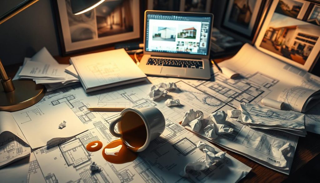 Detailed architectural plans and blueprints strewn across a cluttered desk, half-finished sketches and crumpled paper scattered around. Soft, warm lighting from a desk lamp casts shadows on the disorganized workspace, conveying a sense of frustration and indecision. The foreground features an overturned coffee mug, spilling its contents onto the important documents. In the middle ground, a laptop displays a CAD software interface, with various design elements out of alignment. The background shows framed inspirational home design photos on the wall, creating a tension between the idealized vision and the messy reality of the planning process.