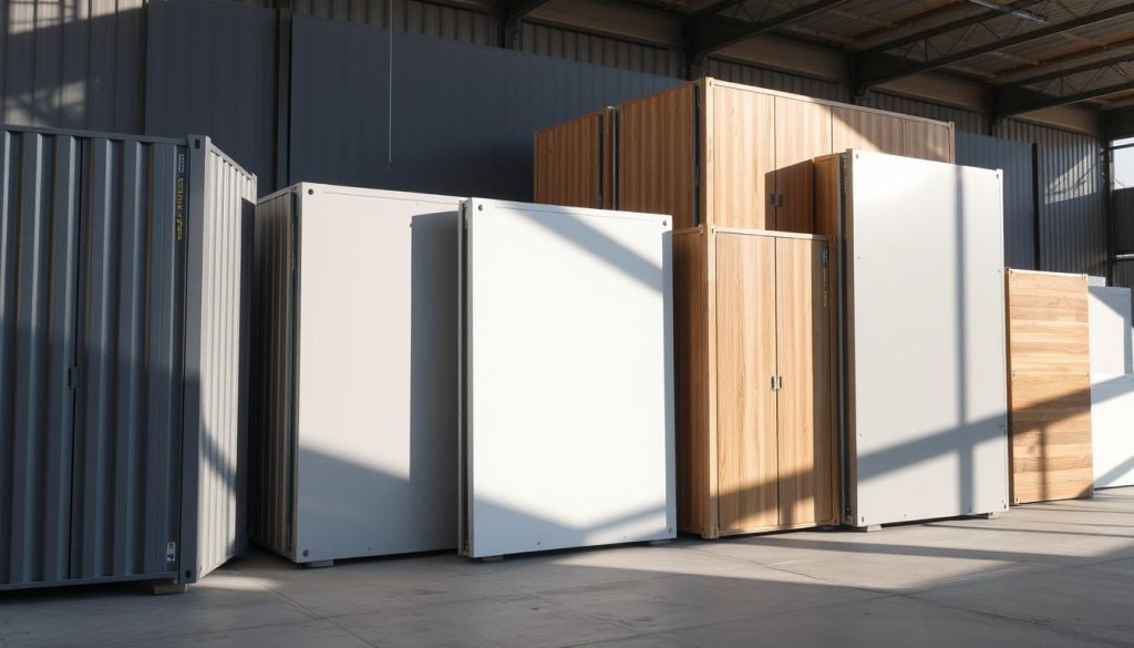 Prefabricated building components arrayed in a modern architectural setting. Sleek, modular panels in a muted palette of grays, whites, and wood tones. Crisp shadows cast by the midday sun, highlighting the clean lines and seamless connections. A minimalist, industrial-inspired scene that conveys the efficiency and versatility of prefabricated construction. The components appear sturdy yet lightweight, ready to be assembled into a contemporary, high-performance home. An atmosphere of innovation and practicality, inviting the viewer to consider the benefits of this evolving approach to modern living.