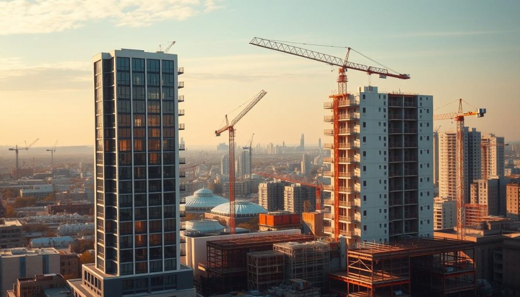 Prefabricated building construction: a modern architectural landscape. In the foreground, a sleek, modular apartment building stands tall, its clean lines and glass facades reflecting the sky. The middle ground features a bustling construction site, cranes and workers assembling prefabricated components with precision. In the background, a cityscape of similar prefab structures stretches out, showcasing the efficiency and scalability of this innovative building technique. The scene is illuminated by warm, directional lighting, highlighting the smooth textures and sharp edges of the prefabricated elements. The overall atmosphere conveys a sense of progress, innovation, and the future of sustainable urban development.