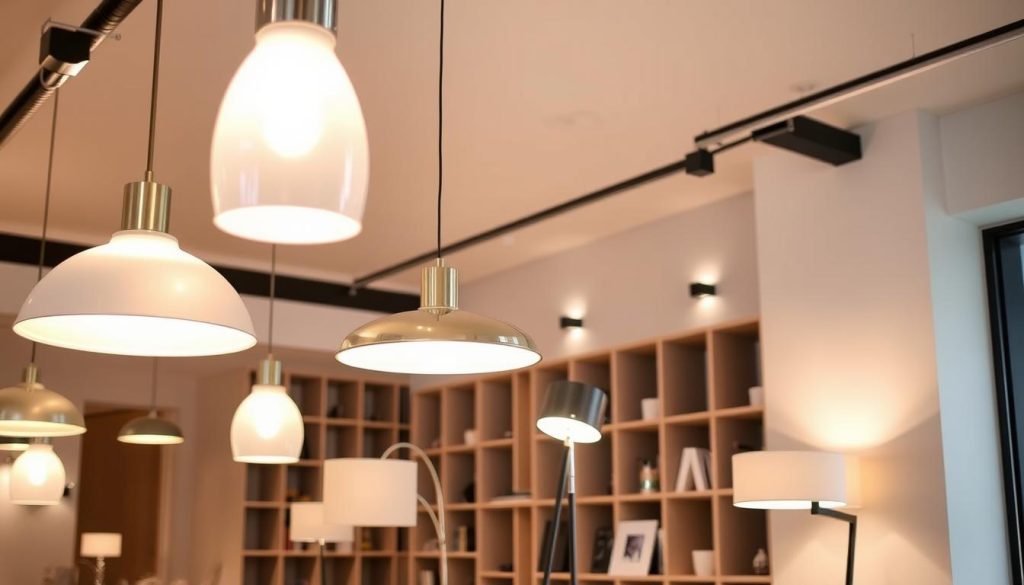 Prompt A modern, stylish interior with a variety of contemporary lighting fixtures. In the foreground, elegant pendant lamps hang from the ceiling, casting a warm, ambient glow. In the middle ground, sleek floor lamps and desk lamps stand tall, providing focused illumination. The background features a minimalist bookshelf or shelving unit, accented by discreet wall sconces that add depth and visual interest. The overall scene conveys a sense of refined sophistication, with the lighting elements seamlessly integrated into the modern design aesthetic.