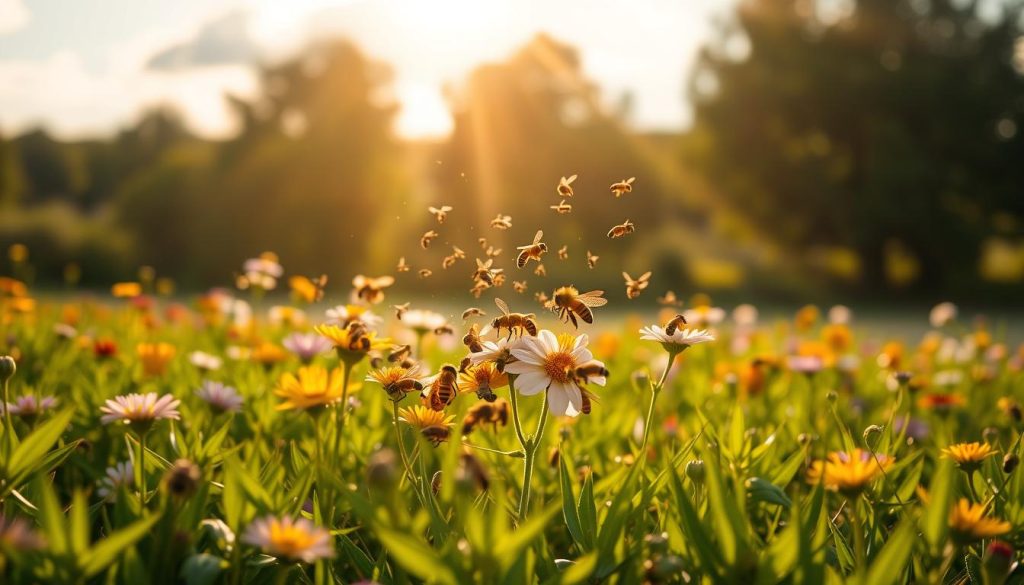 Vibrant field of blooming flowers, with a lush, verdant meadow in the foreground. In the center, a swarm of industrious honey bees busily pollinating the nectar-rich blossoms. Rays of warm, golden sunlight filter through wispy clouds, casting a serene, natural glow over the scene. The background features a tranquil, tree-lined horizon, creating a peaceful, pastoral atmosphere. Crisp, detailed textures and a slightly soft, dreamy focus evoke a sense of wonder and appreciation for the vital role bees play in a healthy, thriving ecosystem.